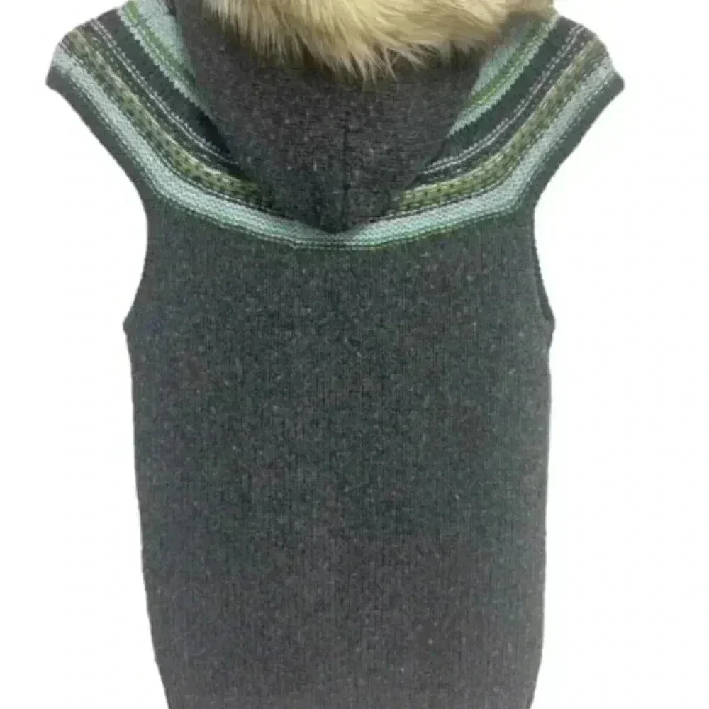 Vintage 90's Old Navy Lambswool Blend Knit Fur Trim Hood Cap Sleeve Seater Vest - Picture 8 of 8